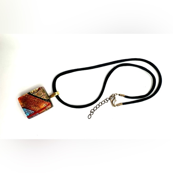 Dichroic Art Glass Pendant Necklace 21” Black Cord with Extender Handcrafted - Picture 7 of 8